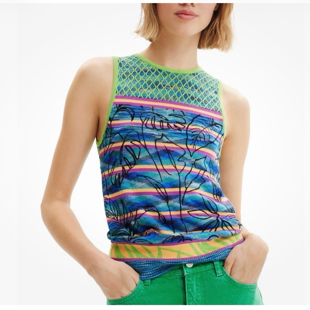 Desigual Multicolor Striped Tank Top with Black Floral Print and Lime Trim